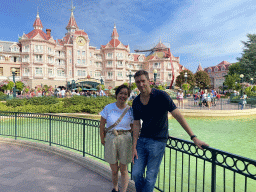 Tim and Miaomiao at the Fantasia Gardens in front of the Disneyland Hotel at Disneyland Park