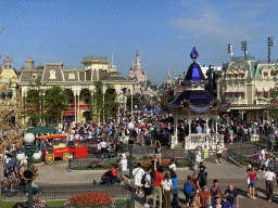 Pavilion at Town Square and Sleeping Beauty`s Castle at Fantasyland at Disneyland Park, viewed from the Main Street U.S.A. Station