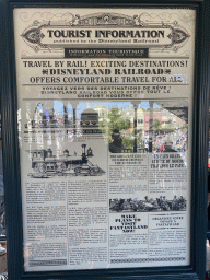 Information on the Disneyland Railroad attraction at Disneyland Park at its queue at the Main Street U.S.A. Station
