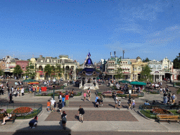 Town Square with its Pavilion and Sleeping Beauty`s Castle at Fantasyland at Disneyland Park, viewed from the Main Street U.S.A. Station