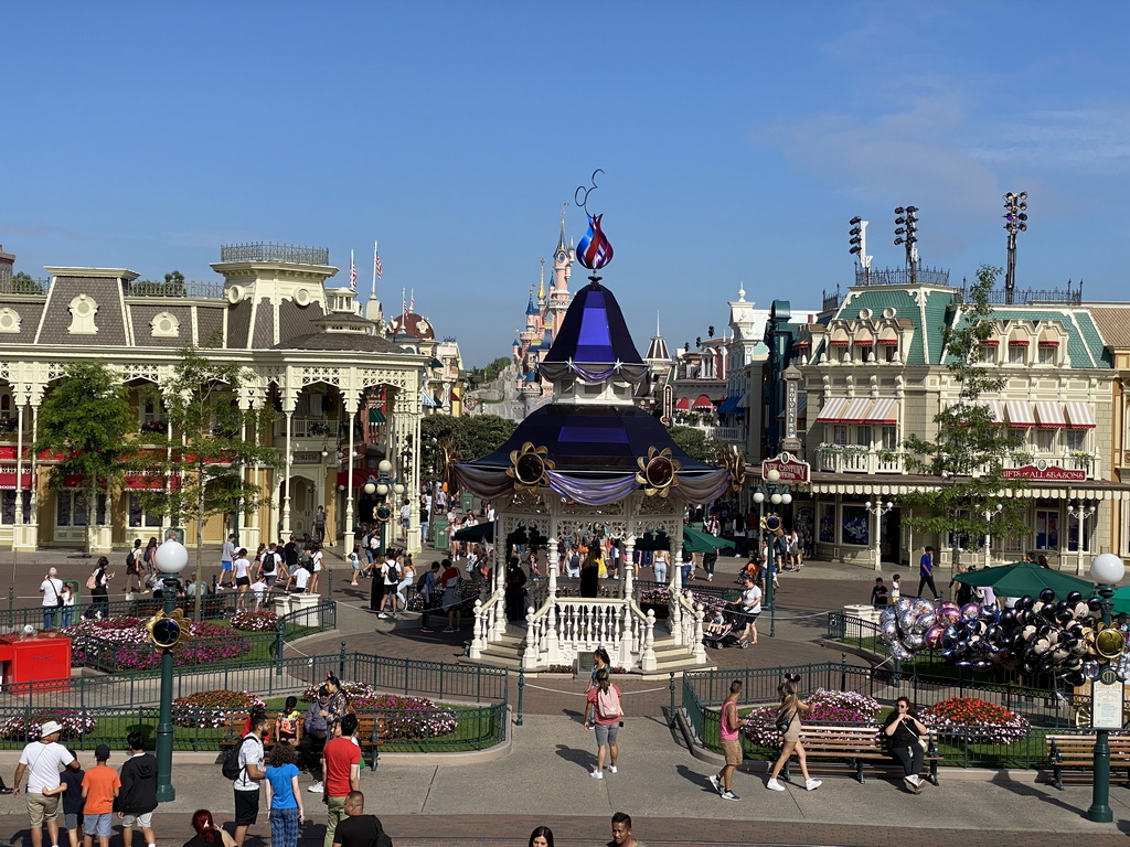 Pavilion at Town Square and Sleeping Beauty`s Castle at Fantasyland at Disneyland Park, viewed from the Main Street U.S.A. Station