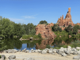 The Big Thunder Mountain attraction at Frontierland at Disneyland Park, viewed from the train at the Disneyland Railroad attraction