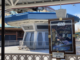 Front and poster of the Star Wars Hyperspace Mountain attraction at Discoveryland at Disneyland Park, viewed from the train at the Disneyland Railroad attraction