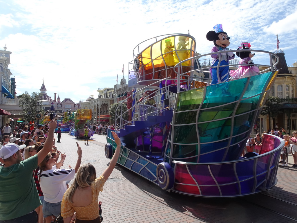 Donald, Daisy, Mickey, Minnie, Nick, Peter Pan, Princess Tiana, Chip and Dale at the Disney Stars on Parade at Main Street U.S.A. at Disneyland Park