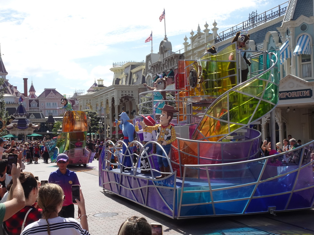 Chip, Dale, Clarice, Woody, Jessie, the Genie and Goofy at the Disney Stars on Parade at Main Street U.S.A. at Disneyland Park