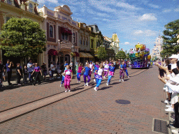 Mickey, Minnie, Daisy and Peter Pan at the Disney Stars on Parade at Main Street U.S.A. and Sleeping Beauty`s Castle at Fantasyland at Disneyland Park