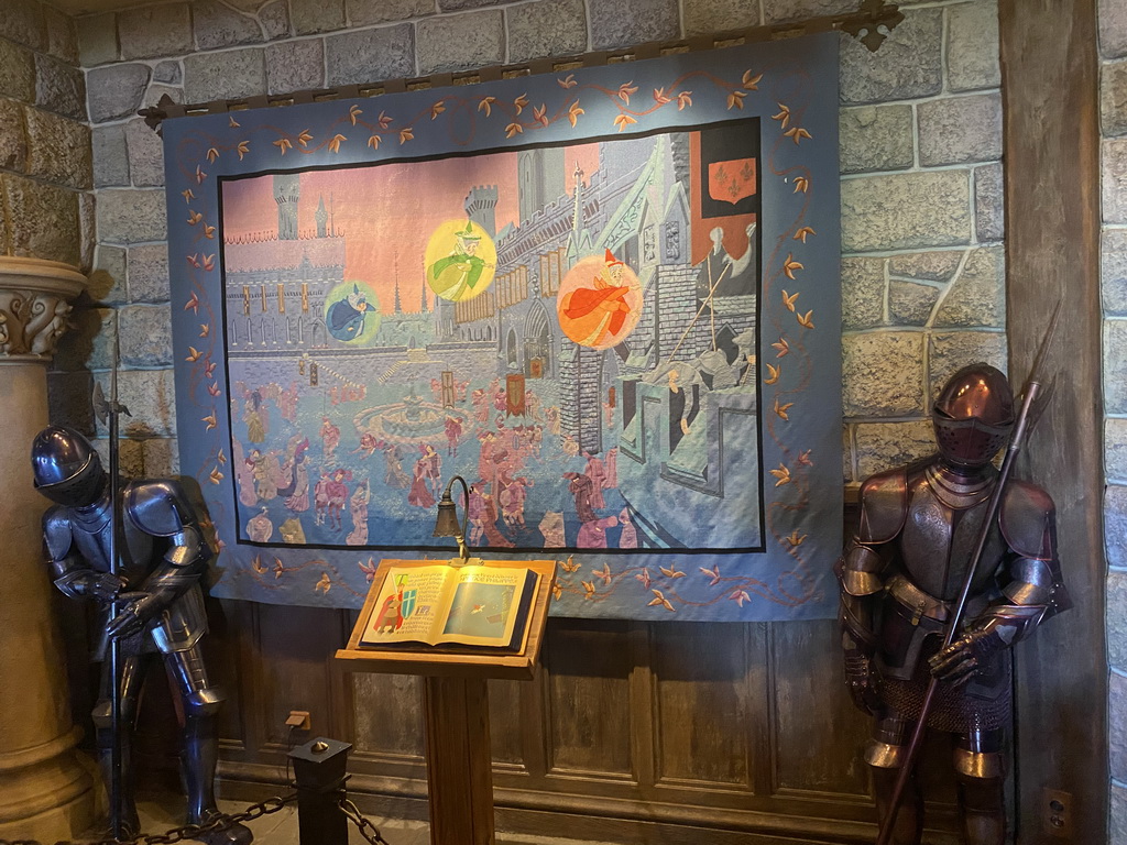 Tapestry, book and armours at the upper floor of Sleeping Beauty`s Castle at Fantasyland at Disneyland Park