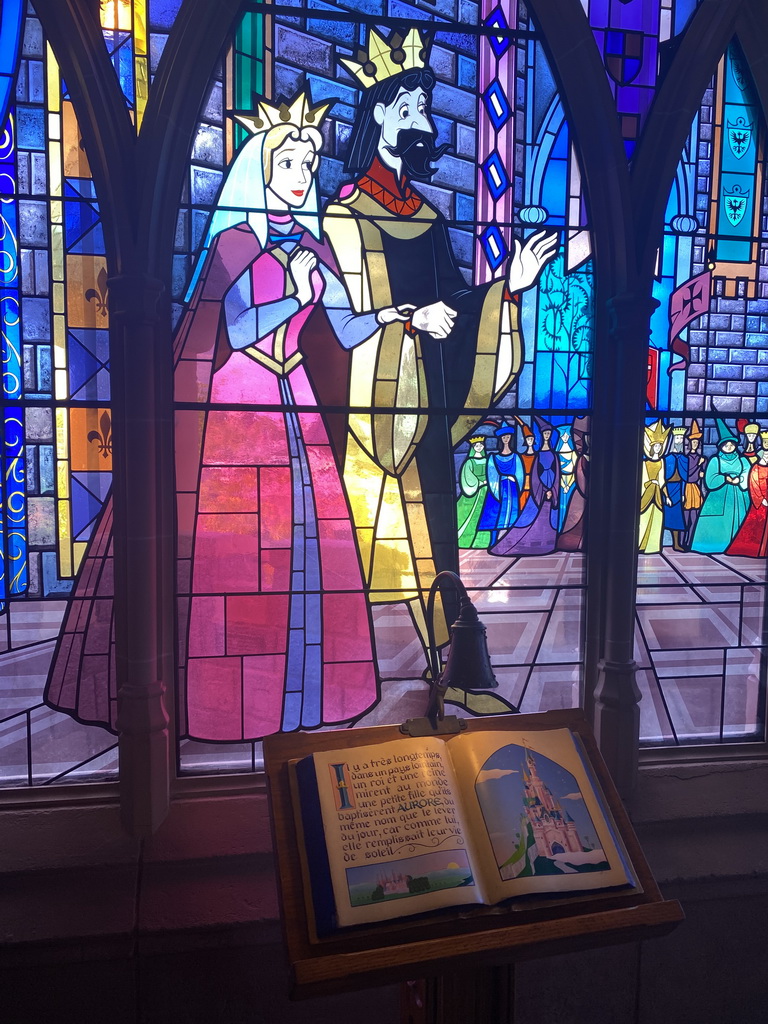 Stained glass window and book at the upper floor of Sleeping Beauty`s Castle at Fantasyland at Disneyland Park