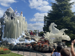Elsa, Kristoff and Olaf on an ice sculpture at the World Princess Week Parade at Central Plaza at Disneyland Park