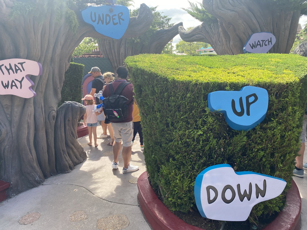 Signs at the Alice`s Curious Labyrinth attraction at Fantasyland at Disneyland Park