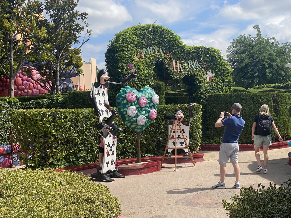 Statues of Spades Card Soldiers at the Alice`s Curious Labyrinth attraction at Fantasyland at Disneyland Park