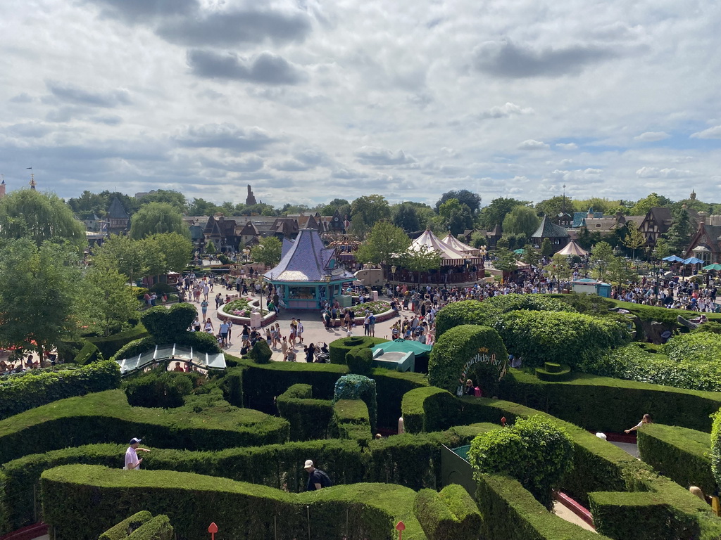 Alice`s Curious Labyrinth attraction and surroundings at Fantasyland at Disneyland Park, viewed from the Queen of Hearts` Castle