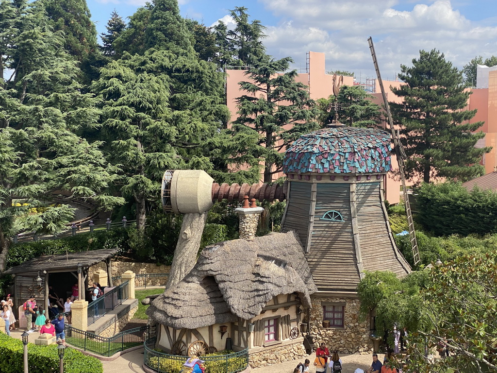 The Old Mill restaurant at Fantasyland at Disneyland Park, viewed from the Queen of Hearts` Castle at the Alice`s Curious Labyrinth attraction