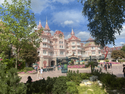 The Fantasia Gardens and the front of the Disneyland Hotel at Disneyland Park