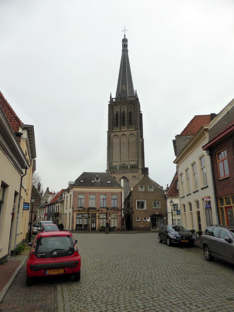 The Veerpoortstraat street and the tower of the Martinikerk church