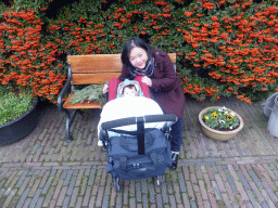 Miaomiao and Max in his buggy at a bench surrounded by flowers at the Veerpoortstraat street