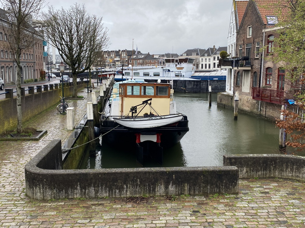 Boats at the Kalkhaven harbour, viewed from the bridge at the Prinsenstraat street