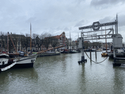 Boats at the Wolwevershaven harbour, viewed from the Roobrug bridge