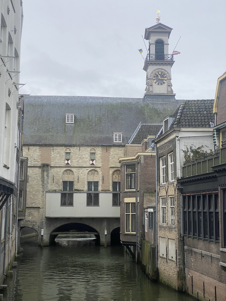 The Voorstraathaven harbour and the east side of the City Hall, viewed from the Visbrug bridge