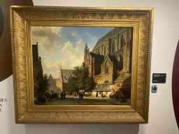 Painting `View of the St. Bavo and the Vleeshal in Haarlem` by Cornelis Springer at the exhibition `Through Different Eyes` at the Upper Floor of the Dordrechts Museum, with explanation