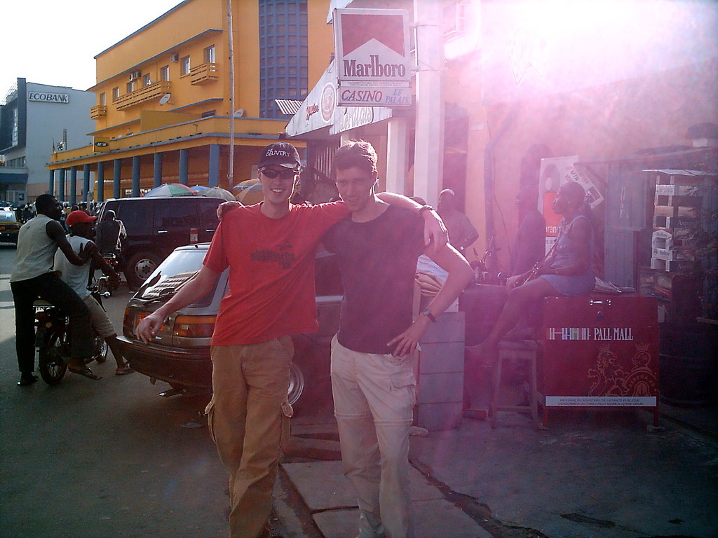 Tim and his friend in front of a casino in the city center