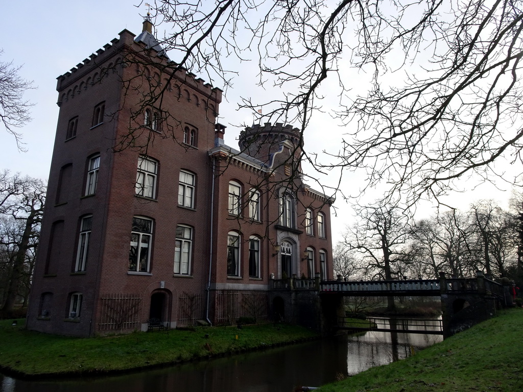 Castle moat, access bridge and left front of Castle Sterkenburg