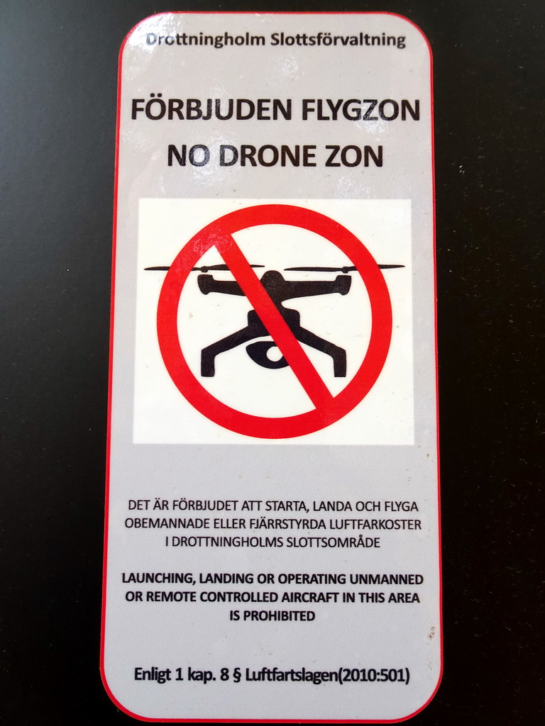 `No Drones` sign at the Chinese Pavilion at the Garden of Drottningholm Palace