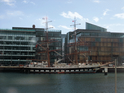 Boat on the Liffey river, viewed from the Airline Express bus from the airport