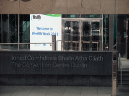 Signs at the front of the Convention Centre Dublin, viewed from the Airline Express bus from the airport