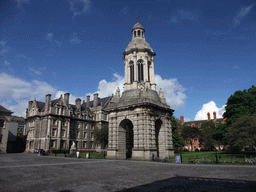 The Campanile, the statue of George Salmon, and the Graduates Memorial Building at Trinity College Dublin