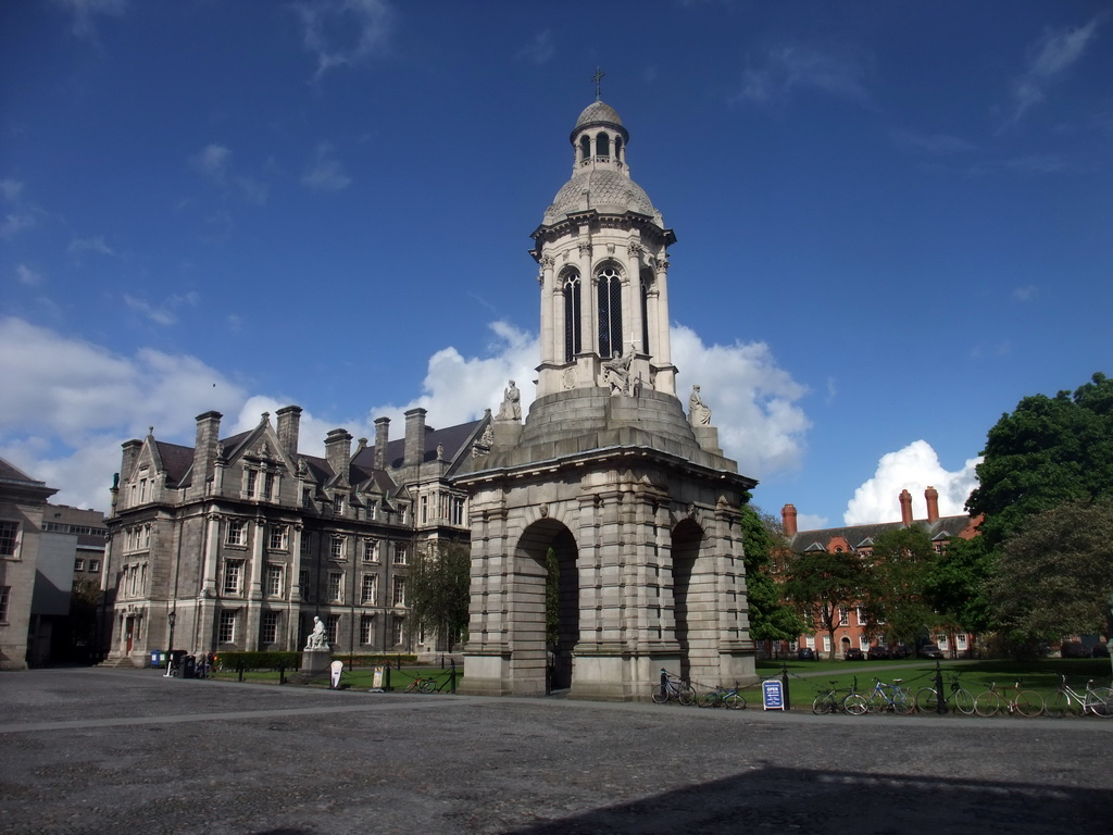 The Campanile, the statue of George Salmon, and the Graduates Memorial Building at Trinity College Dublin