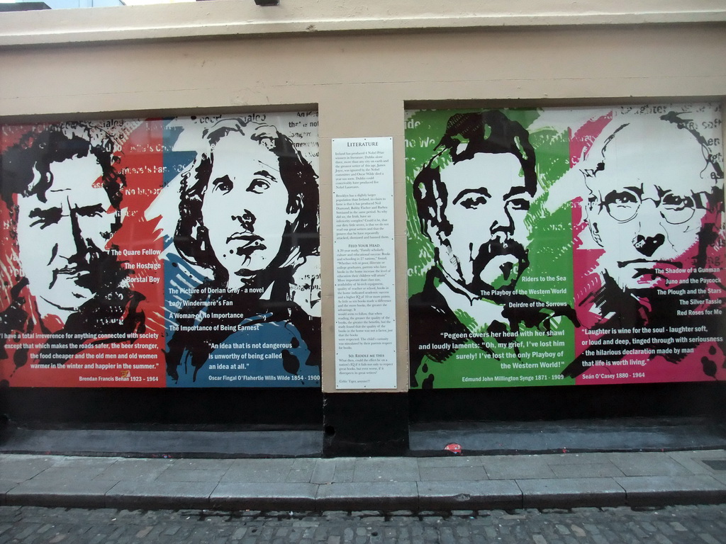 Drawings and quotes of playwrights on a wall at Aston Place