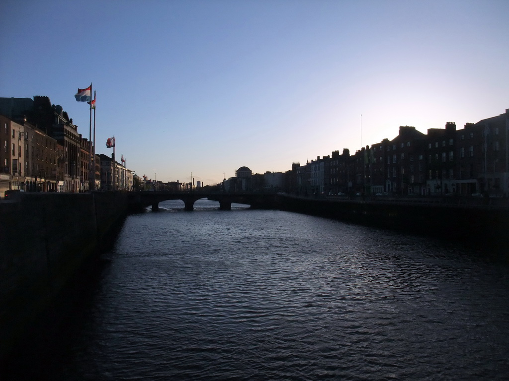 View from the Millennium Bridge over the Capel Street Bridge over the Liffey river, and the Supreme Court of Ireland