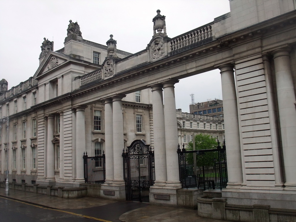 Front gate of the Government Buildings at Merrion Street Upper, viewed from the sightseeing bus