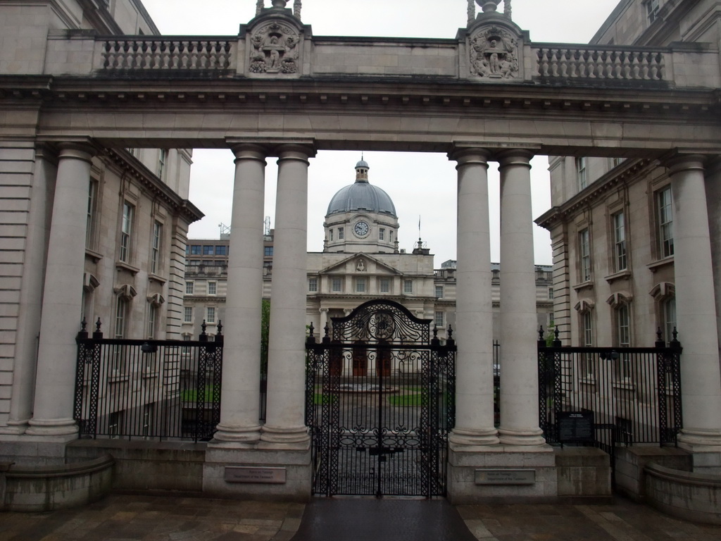 Front gate of the Government Buildings at Merrion Street Upper, viewed from the sightseeing bus