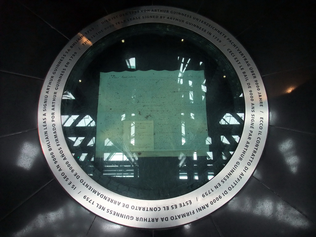 The 9000 year lease signed by Arthur Guinness in 1759, at the lower floor of the Guinness Storehouse