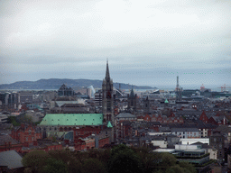 The city center with John`s Lane Church, Christ Church Cathedral and the tower of St. Michael`s Church, viewed from the Gravity Bar at the top floor of the Guinness Storehouse