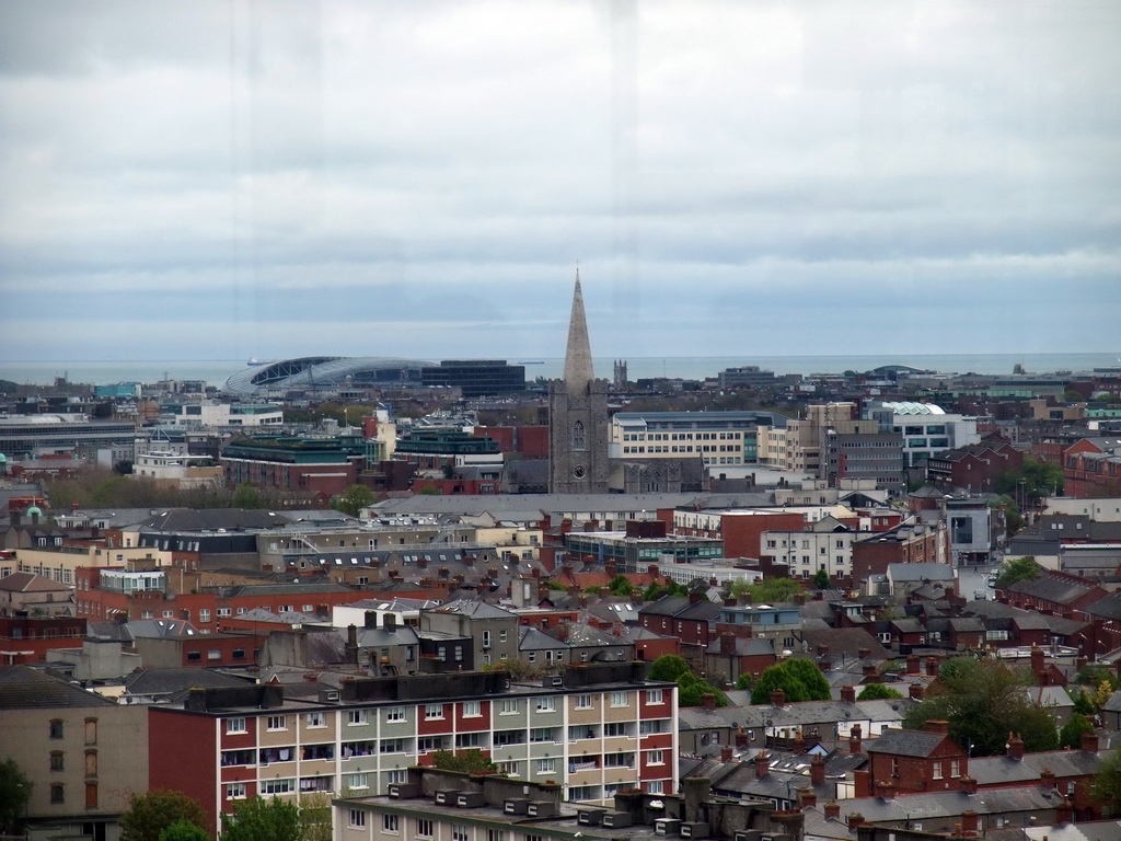 The city center with St. Patrick`s Cathedral and the Aviva Stadium, viewed from the Gravity Bar at the top floor of the Guinness Storehouse