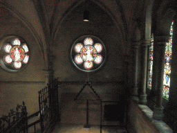 Stained glass windows and chandeleer in the walkway from Dublinia to Christ Church Cathedral