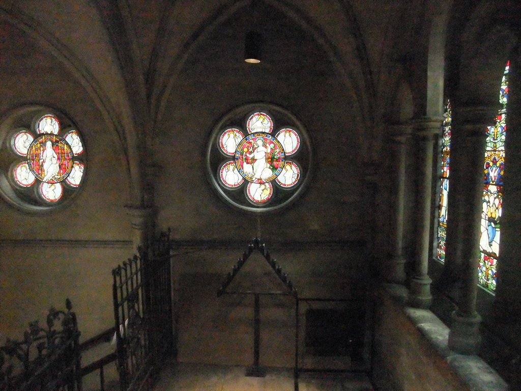 Stained glass windows and chandeleer in the walkway from Dublinia to Christ Church Cathedral