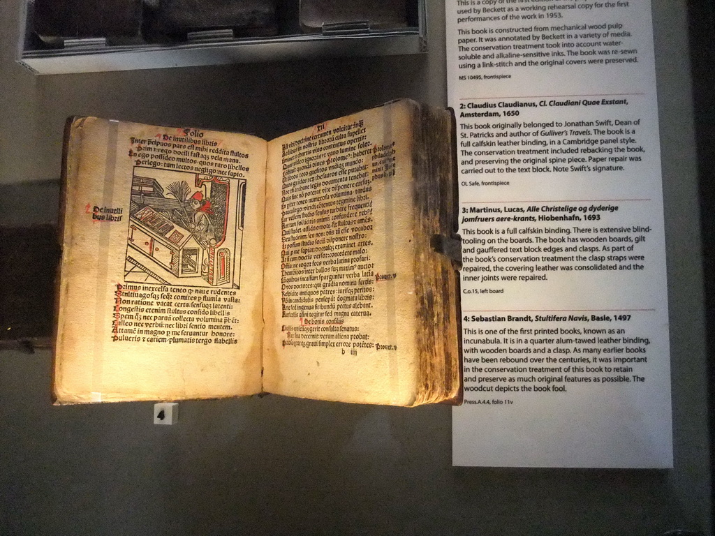 Incunabula `Stultifera Navis` by Sebastian Brandt, in the Long Hall in the Old Library at Trinity College Dublin