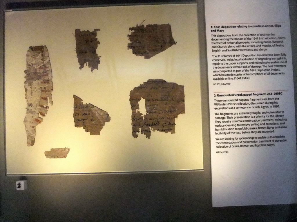 Unmounted Greek papyri fragments, in the Long Hall in the Old Library at Trinity College Dublin