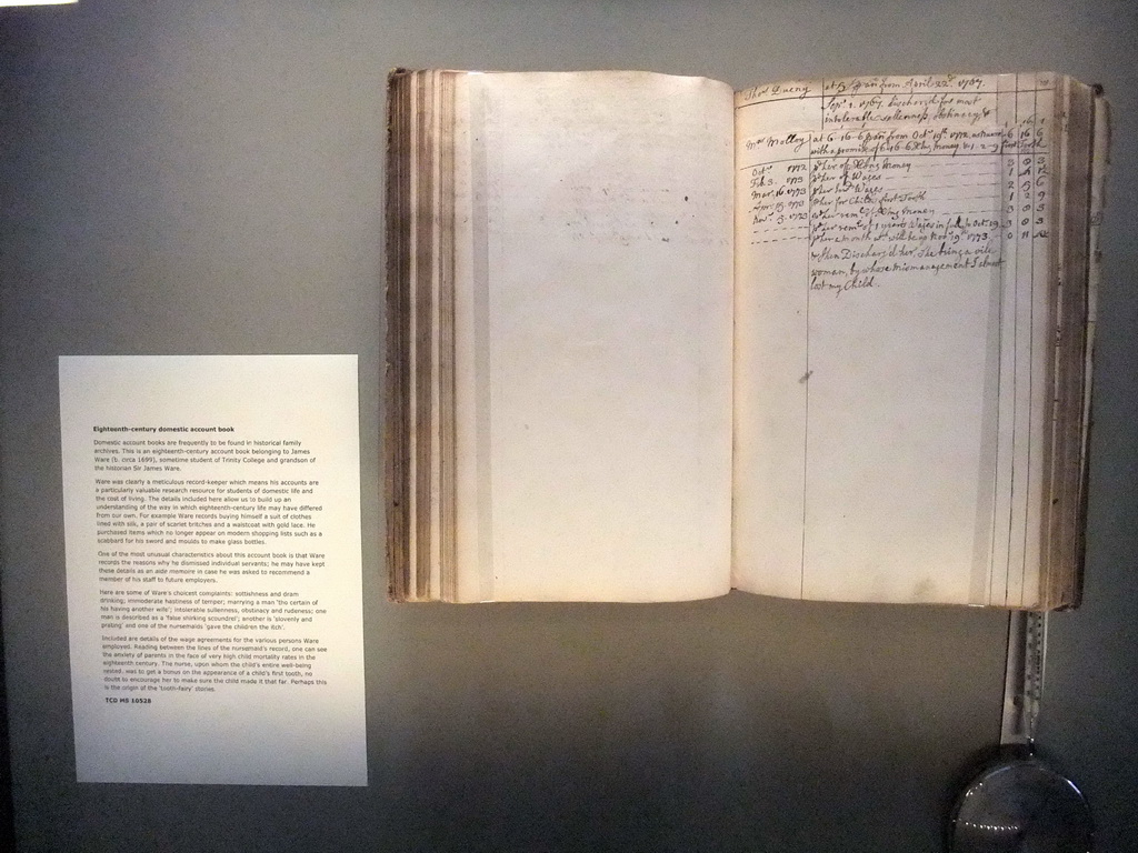 Eighteenth-century domestic account book, in the Long Hall in the Old Library at Trinity College Dublin