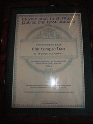 Traditional Irish Music Pub of The Year 2004 Award certificate, at the Temple Bar