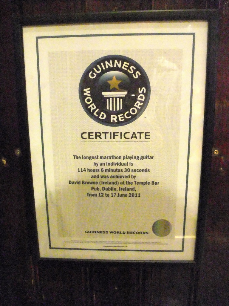 Guinness World Records certificate at the Temple Bar