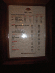 Price list at the Temple Bar
