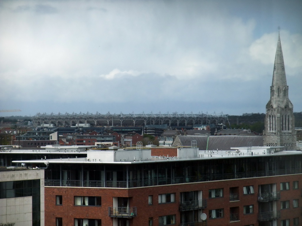 The Croke Park stadium and the Saint Laurence O`Toole Church, viewed from the top floor of the Convention Centre Dublin