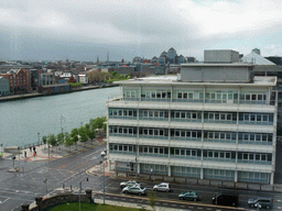 The Liffey river and George`s Quay Plaza, viewed from the top floor of the Convention Centre Dublin