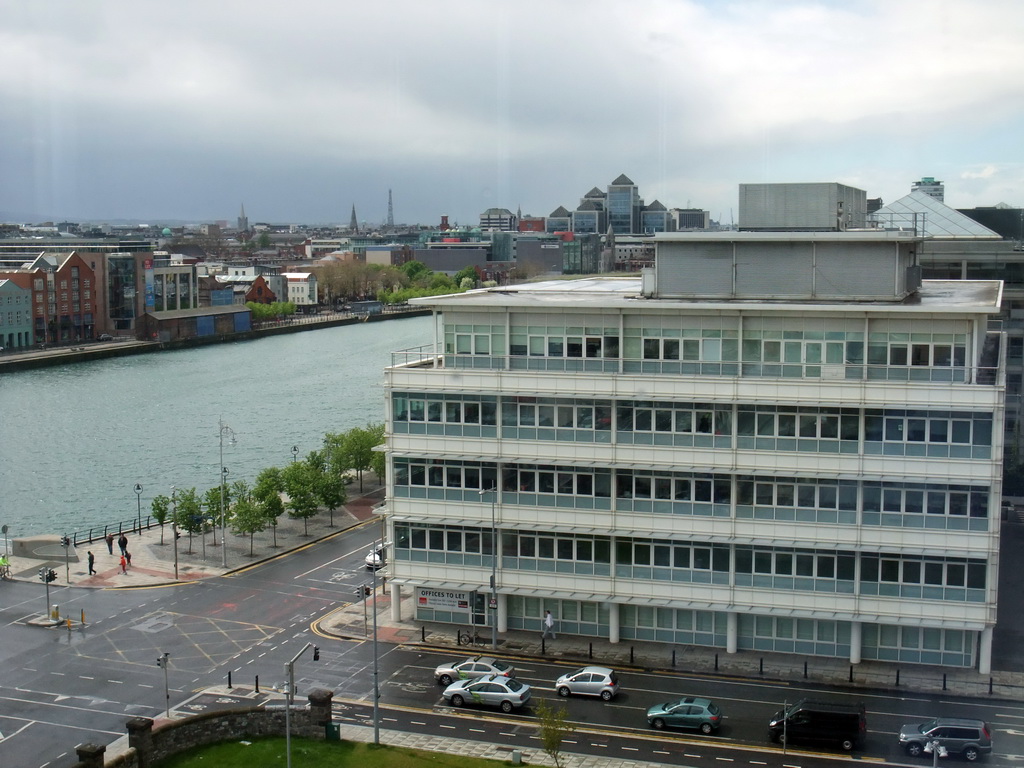 The Liffey river and George`s Quay Plaza, viewed from the top floor of the Convention Centre Dublin