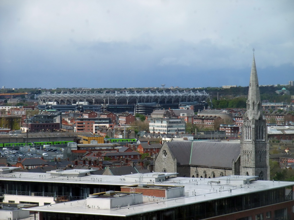 The Croke Park stadium and the Saint Laurence O`Toole Church, viewed from the top floor of the Convention Centre Dublin